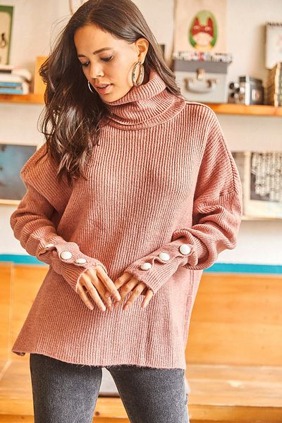 Olalook Pulover de damă Dusty Rose cu gât lung, cu nasturi, cu textura moale, tricotaje supradimensionate KZK-19000584