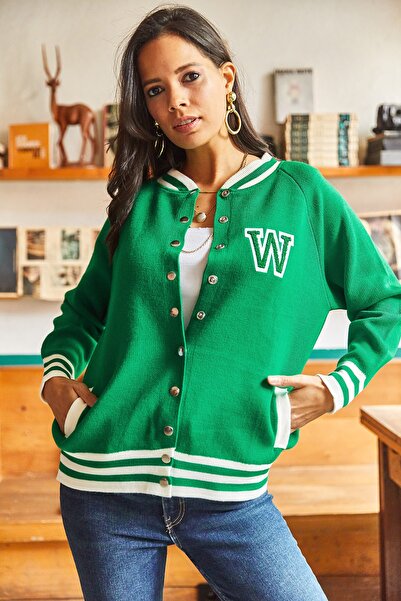 Olalook Kadın Zümrüt Yeşili Çıtçıt Kapamalı Cepli Kolej Bomber Triko Ceket CKT-19000333