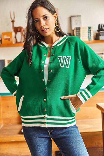 Olalook Kadın Zümrüt Yeşili Çıtçıt Kapamalı Cepli Kolej Bomber Triko Ceket CKT-19000333