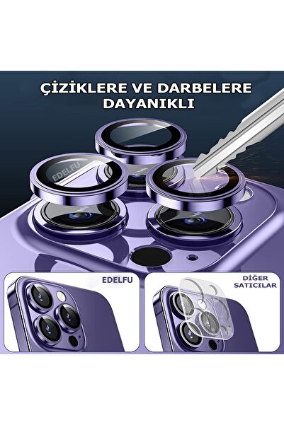EDELFU Iphone 14 Pro Max / 14 Pro Kamera Lens Koruyucu Darbeye Çiziğe Dayanıklı Derin Mor Lens (3'LÜ SET)