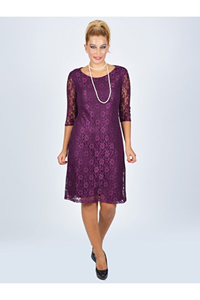 Nidya Moda Büyük Beden Dantel Mürdüm Abiye Elbise-4009dm