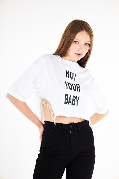 AS Anita Store Not Your Baby Printed Oversize Crop T-shirt with Dangle Side Stone Detail