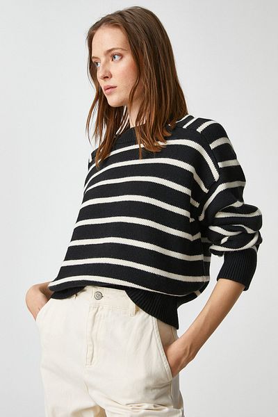 Koton Ecru gestreifter Damenpullover 3WAK90515HT