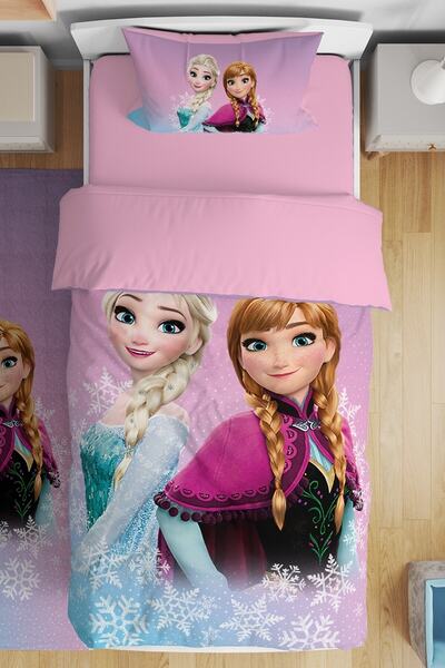 EVPANYA Yeni Pembe Mavi Elsa Desenli Tek Kişilik Bebek Çocuk Nevresim Takımı