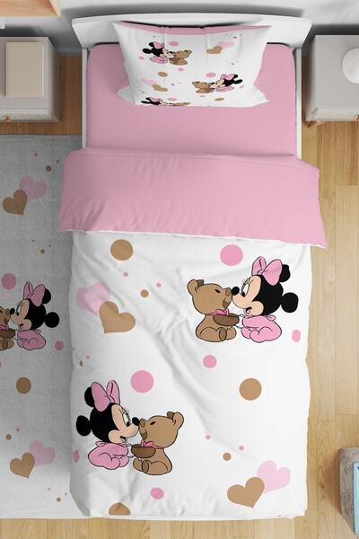 EVPANYA Üçlü Minnie Ve Ayıcık Desenli Tek Kişilik Bebek Çocuk Nevresim Takımı