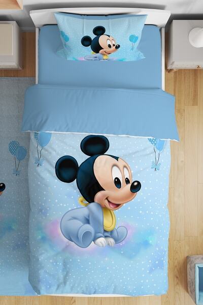 EVPANYA Mavi Mickey Desenli Tek Kişilik Bebek Çocuk Nevresim Takımı
