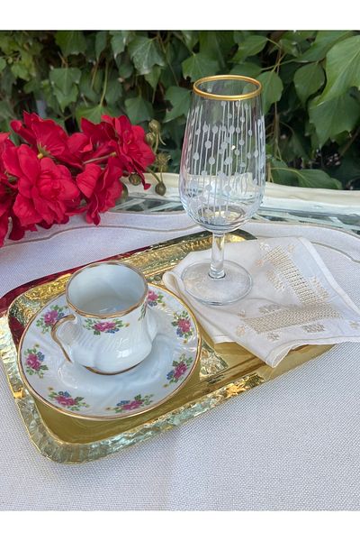 Paşabahçe Six-Piece Gilded Circle Chain Patterned Crystal Cut Coffee Side Water Cup, Standing Cup