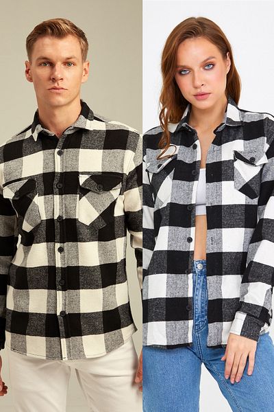 Tarz Cool Unisex Μαύρο-άσπρο Πουκάμισο Ξυλοκόπο με διπλή τσέπη - Μονή Τιμή