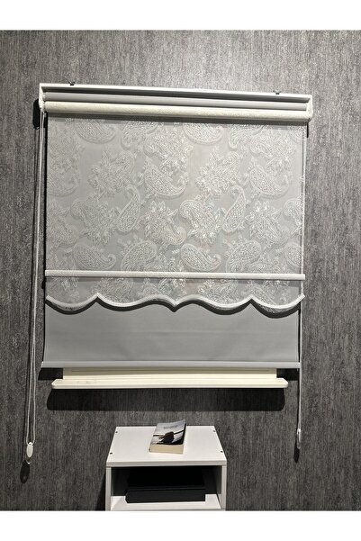 Genel Markalar Şal Desen Yeni Sezon Açık Gri Storlu Çiftli Mekanizma Stor Tül...