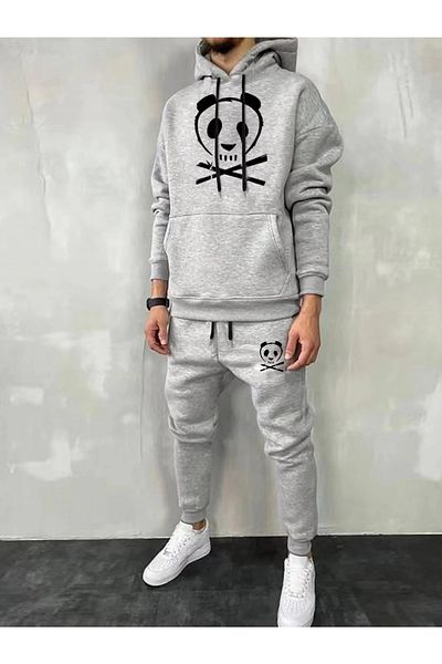 MODARİCH Men's Gray Panda Logo Bottom Top Tracksuit Set Oversize Hooded