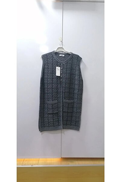 NUR TEKSTİL Kadın Gri Büyük Beden Cepli Triko Yelek