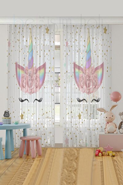 HOMESSA Sevimli Unicorn Altın Yaldız Ve Puantiye Çocuk Odası Tül Perde