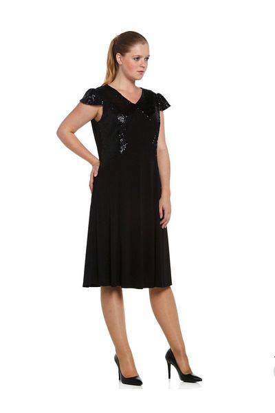 Nidya Moda Women's Black Sleeve Cup Sequined Sequin Evening Dress 4061S