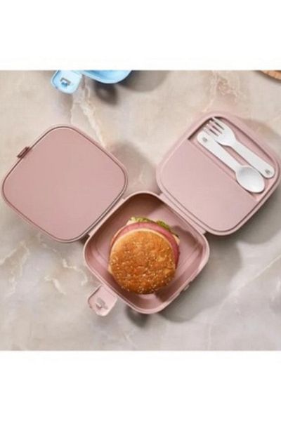 LİGROUND Pink Double Layer 4 Compartments Child Adult Food Container with Fork and Spoon - Lunch Box - Storage Container
