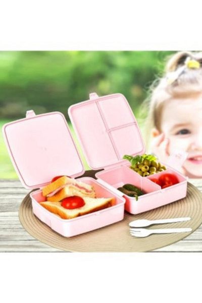 LİGROUND Pink Double Layer 4 Compartments Child Adult Food Container with Fork and Spoon - Lunch Box - Storage Container