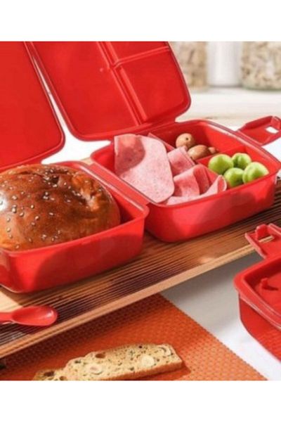 LİGROUND Red Double-Layer 4-Compartment Children's Adult Food Container with Fork and Spoon - Lunch Box - Storage