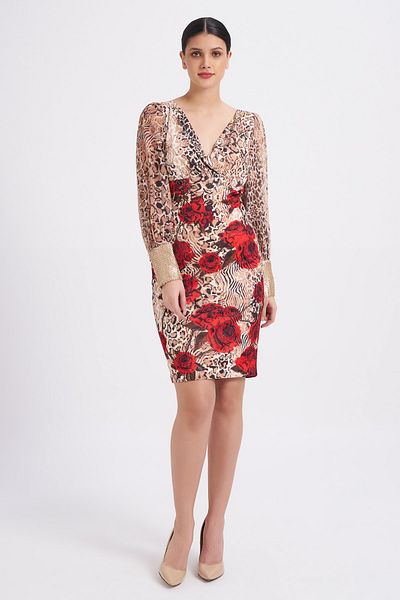 Balizza Sequin Sequin Sleeves Chiffon Double Breasted Collar Mini Dress