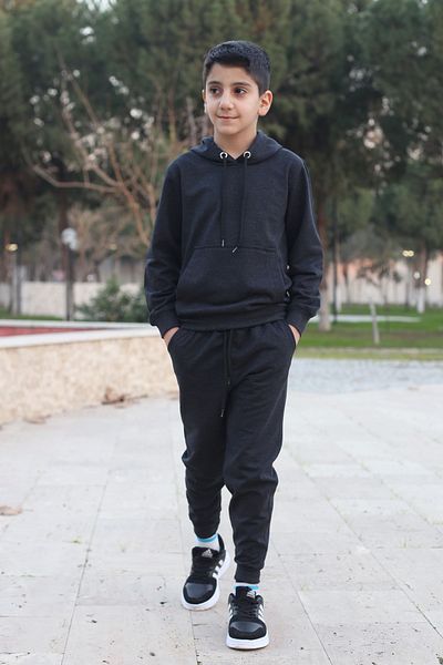 han collection Hooded Kangaroo Pocketed Boy's Solid Color Tracksuit Set with Elastic Waist and Legs