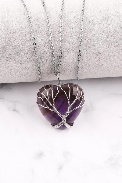 Asya Gems Amethyst Natural Stone - Wire Wrapped Heart Patterned Necklace