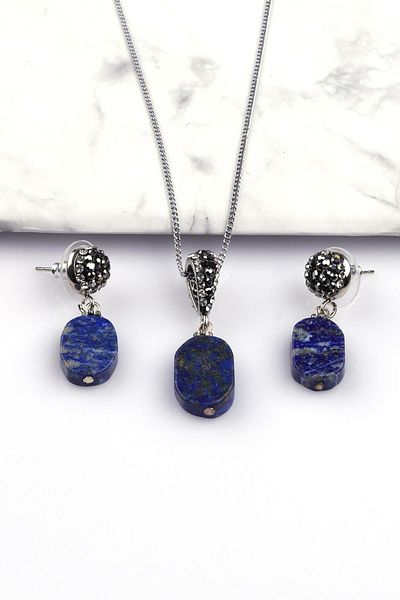 Alibaba Doğaltaş Lapis Lazuli Natural Stone Necklace - Earrings Set of 2