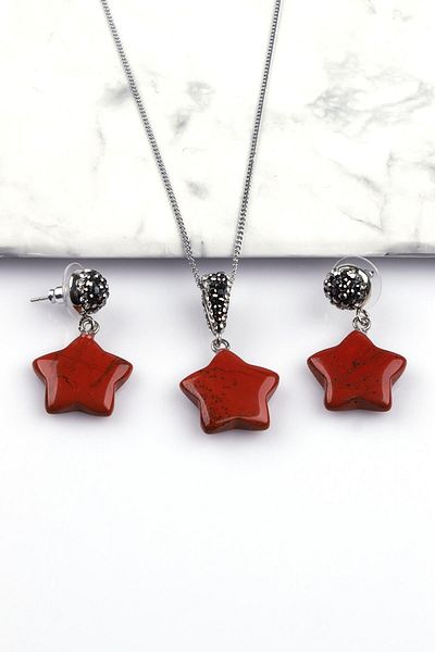 Alibaba Doğaltaş Red Jasper Natural Stone Necklace Earrings Set of 2