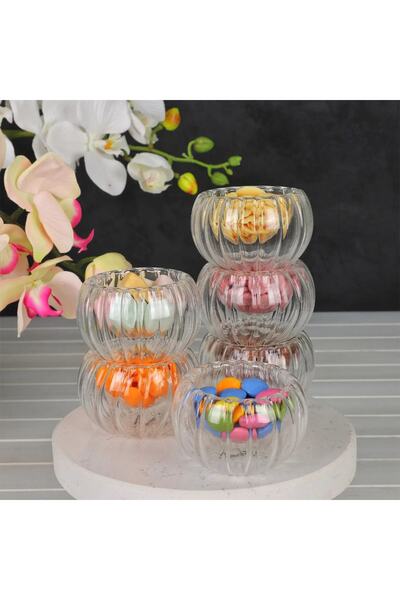 HomeTarz Glass Turkish Delight Bowl Snack Bowl Double Wall Striped Patterned 6 Pieces 50 ml