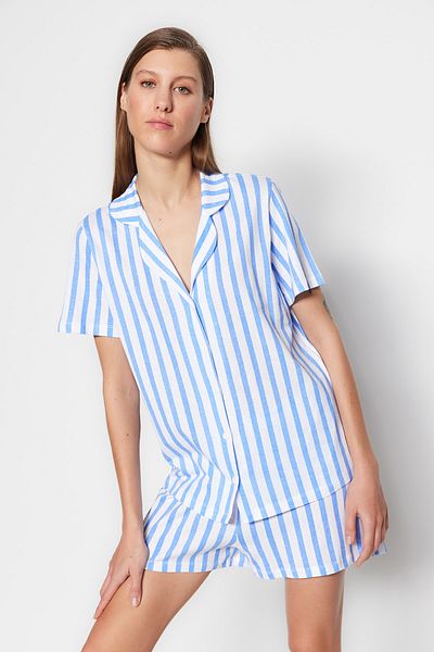 Trendyol Collection Kék csíkos pamut ing és rövidnadrág hálóruha szett - THMSS23PT00020