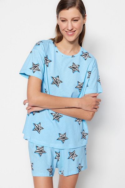 Trendyol Collection Csillagmintás 100% PAMUT Kék póló és rövidnadrág pizsama készlet - THMSS23PT00005