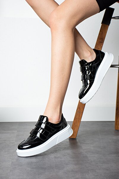 Ayax Μαύρο λουστρίνι (λευκή σόλα) Velcro Daily Ελαφρύ γυναικείο πάνινα παπούτ...