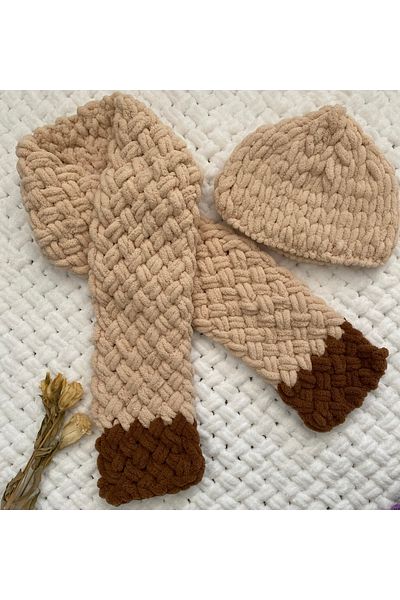 ÖRGÜCÜ DESİGN Puffy Knitted Scarf Beanie Set Suitable for Lover Combination