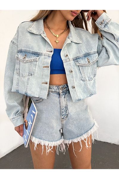Fav Style Jachetă de blugi oversize crop albastră - buzunare duble cu nasturi fără sudură pentru femei