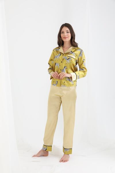 Miss Dünya Lissa Bijuterii pijamale din satin pentru femei cu model zebră verde