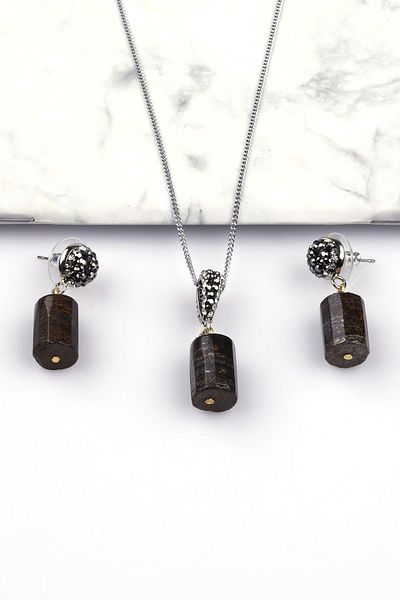 Alibaba Doğaltaş Bronzyte Natural Stone Cylinder Cut Necklace - Earrings Set of 2