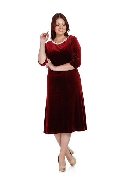 Nidya Moda Women's Burgundy Pearl Velvet Evening Dress 4074B