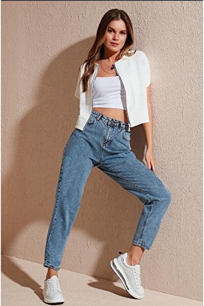 DRC trend Blue Mom Jeans Lycra High Waist Blue Snow Washed Mom Jean Jeans