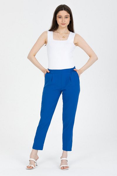 MD trend Pantaloni de damă din material textil tăiat morcov, cu buzunare duble, cu talie sax