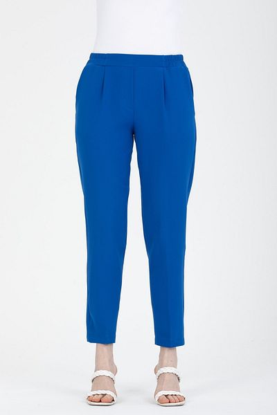 MD trend Pantaloni de damă din material textil tăiat morcov, cu buzunare duble, cu talie sax