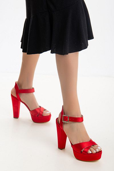 LİLLA Women's Platform High Heeled Red Satin Shoes
