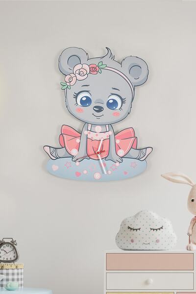elfidadesign Sevimli Ayıcık Kız Çocuk Odası Ahşap Duvar Saati