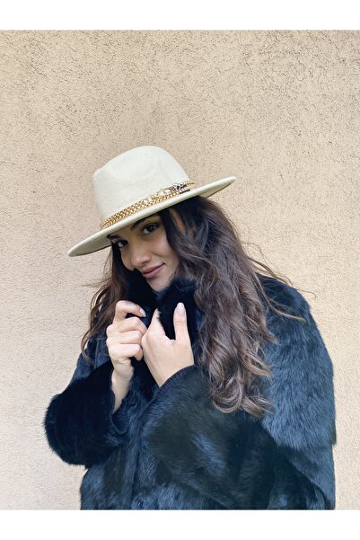 laviyonsa Çıkarılabilir Zincir Aksesuarlı Kovboy Keçe Fötr Şapka (BEJ) !