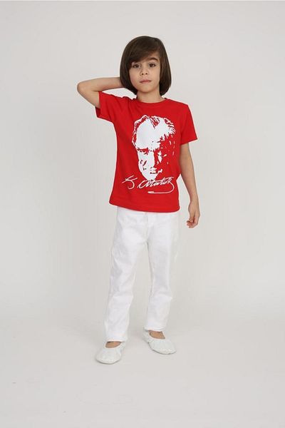 FATELLA Boy's Short Sleeve Ataturk Printed T-shirt Linen Trousers Suit School Performance 23 April 29 October