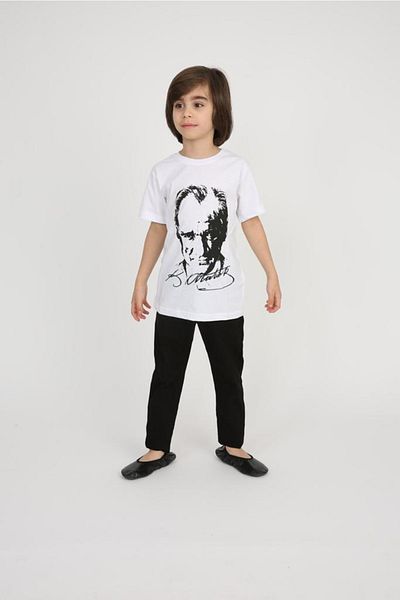 FATELLA Boy's Short Sleeve Ataturk Printed T-shirt Linen Trousers Suit School Performance 23 April 29 October