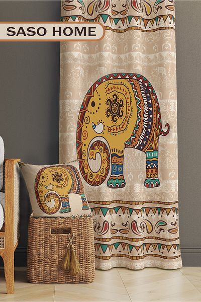 SasoHome Ethnic Indian Embroidered Elephant Pattern Velvet 140 X 270 cm Ποιότητα - Ψηφιακή τυπωμένη κουρτίνα φόντου