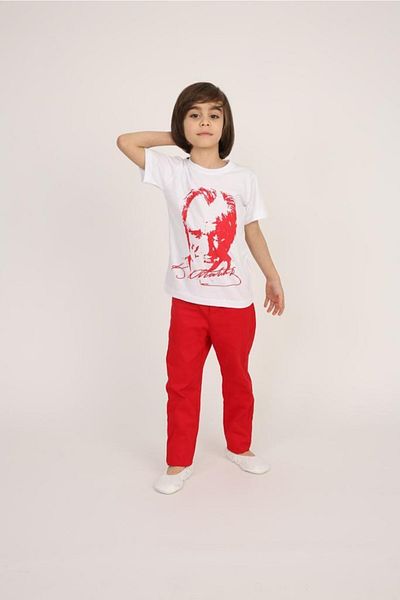 FATELLA Boy's Short Sleeve Ataturk Printed T-shirt Linen Trousers Suit School Performance 23 April 29 October