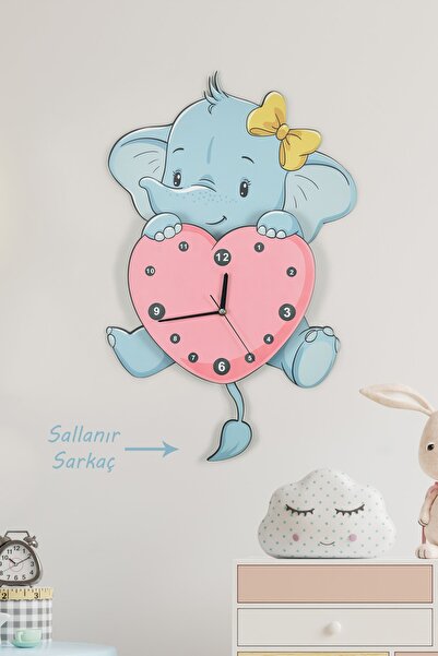 elfidadesign Sevimli Fil Ve Kalp Çocuk Odası Ahşap Duvar Saati Elf-2312030-3d