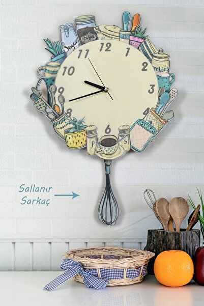 elfidadesign 3 Boyutlu Mutfak Gereçleri Temalı Sarkaçlı Ahşap Mutfak Duvar Sa...