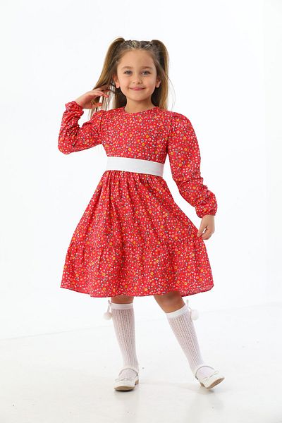 Moda Lippa Red Floral Patterned Layered Girl's Dress