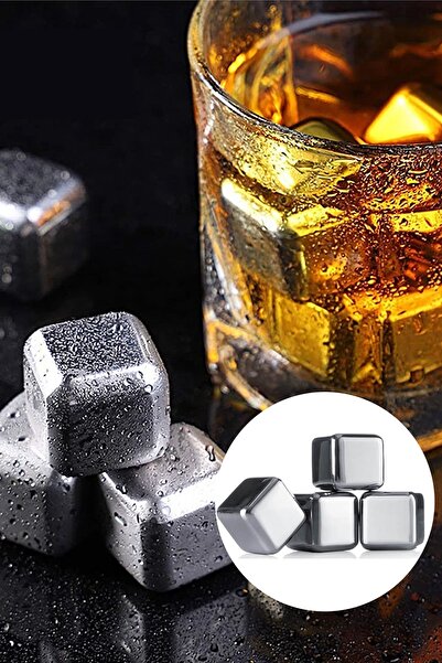 TechnoStation 4'lü Çelik Metal Gold Kaplama Viski Taşı Soğutma Buz Küpü Pratik Buz Kalıbı