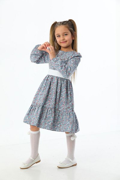 Moda Lippa Blue Floral Patterned Layered Girl's Dress