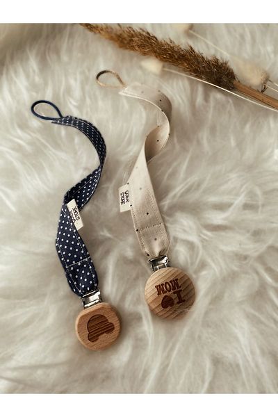 GOER STORE Mom-mickey Natural Wooden Detailed Polka Dot 100% Cotton Pacifier Strap Set